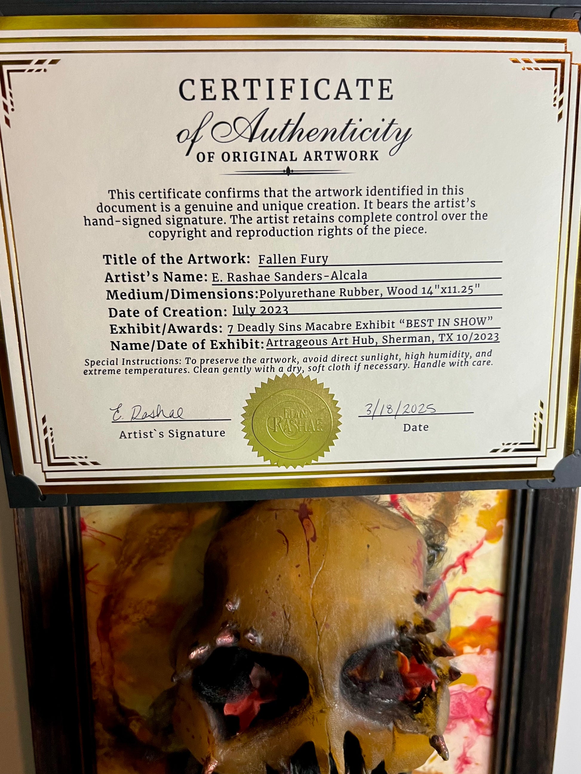 “Best of Show” Award 2023- Interactive, Framed “Fallen Fury”