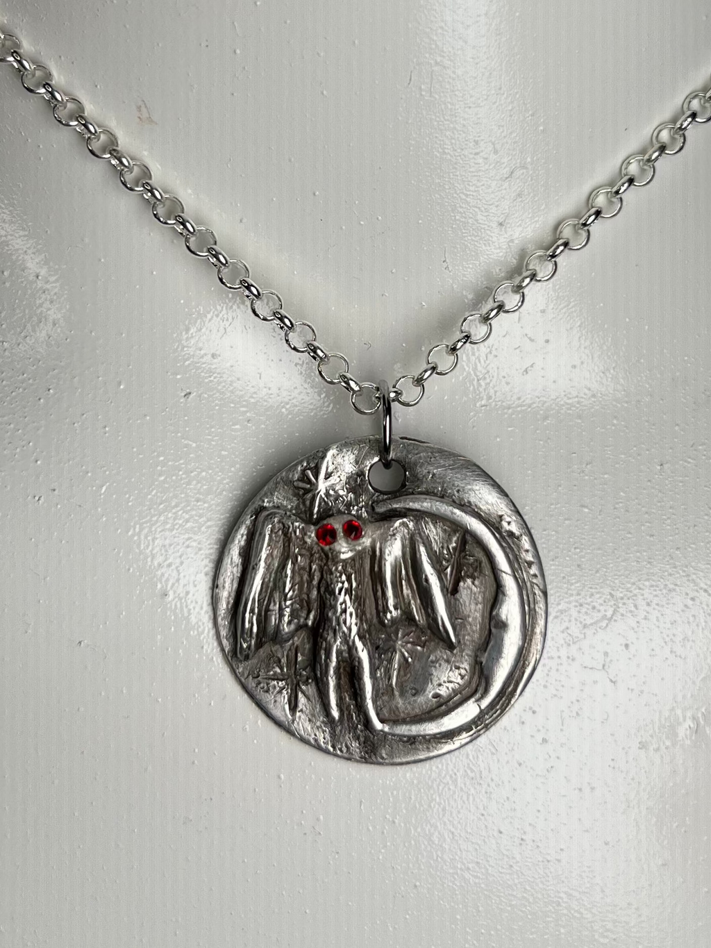 Hand Sculpted Fine Silver Mothman Pendant on Sterling Silver Necklace