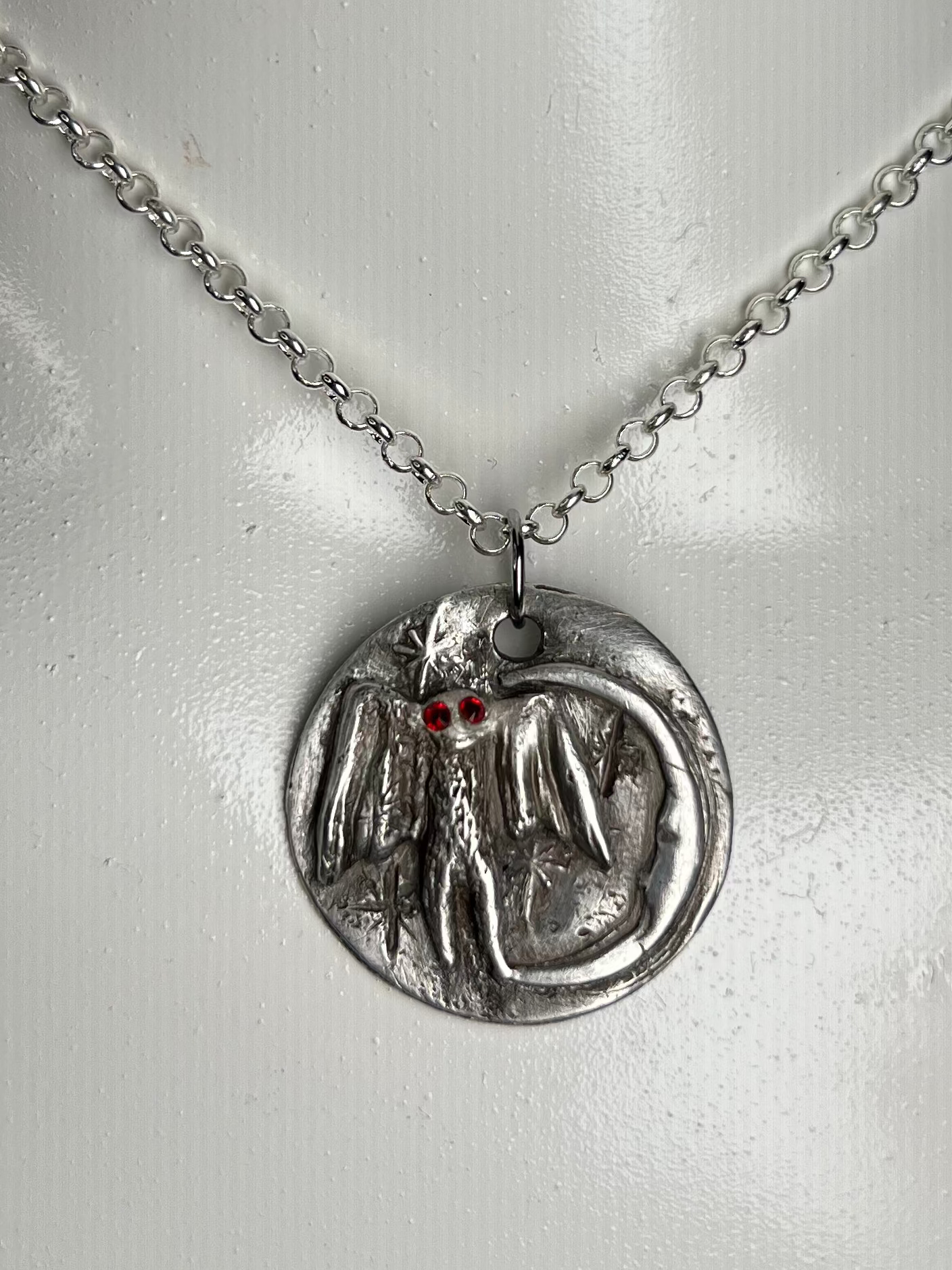 Hand Sculpted Fine Silver Mothman Pendant on Sterling Silver Necklace