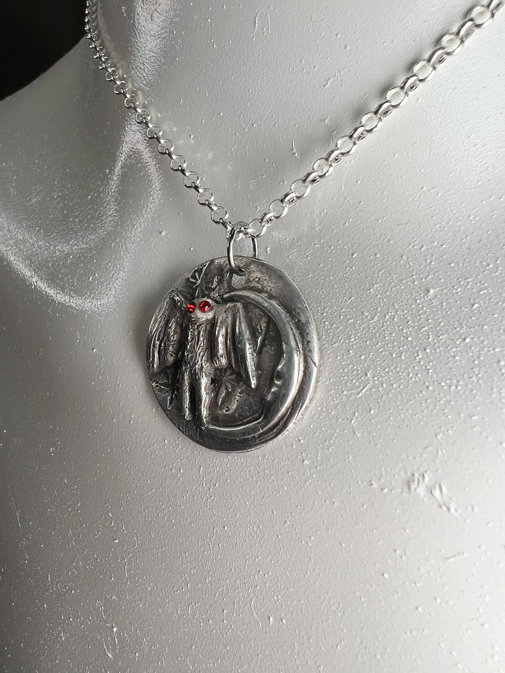 Hand Sculpted Fine Silver Mothman Pendant on Sterling Silver Necklace