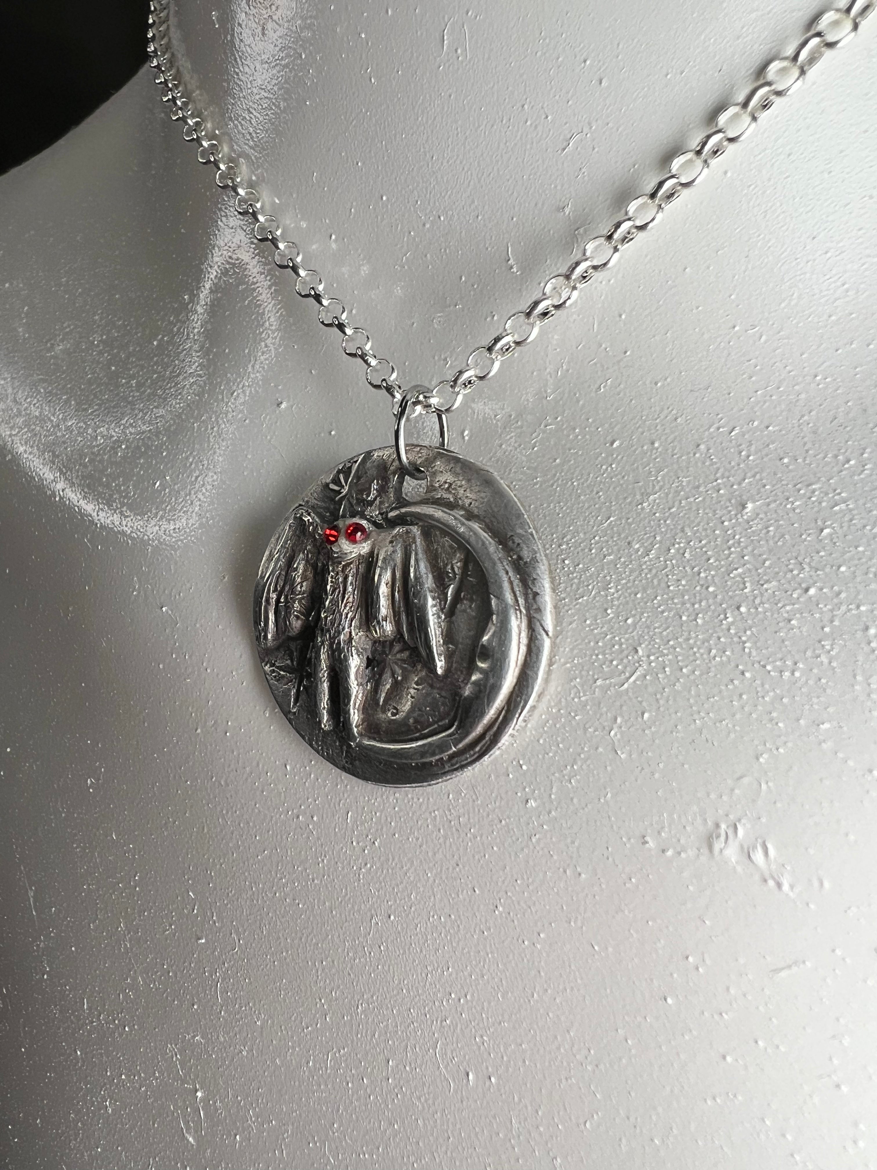 Hand Sculpted Fine Silver Mothman Pendant on Sterling Silver Necklace