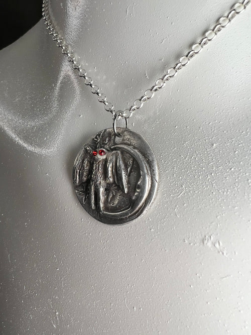 Hand Sculpted Fine Silver Mothman Pendant on Sterling Silver Necklace