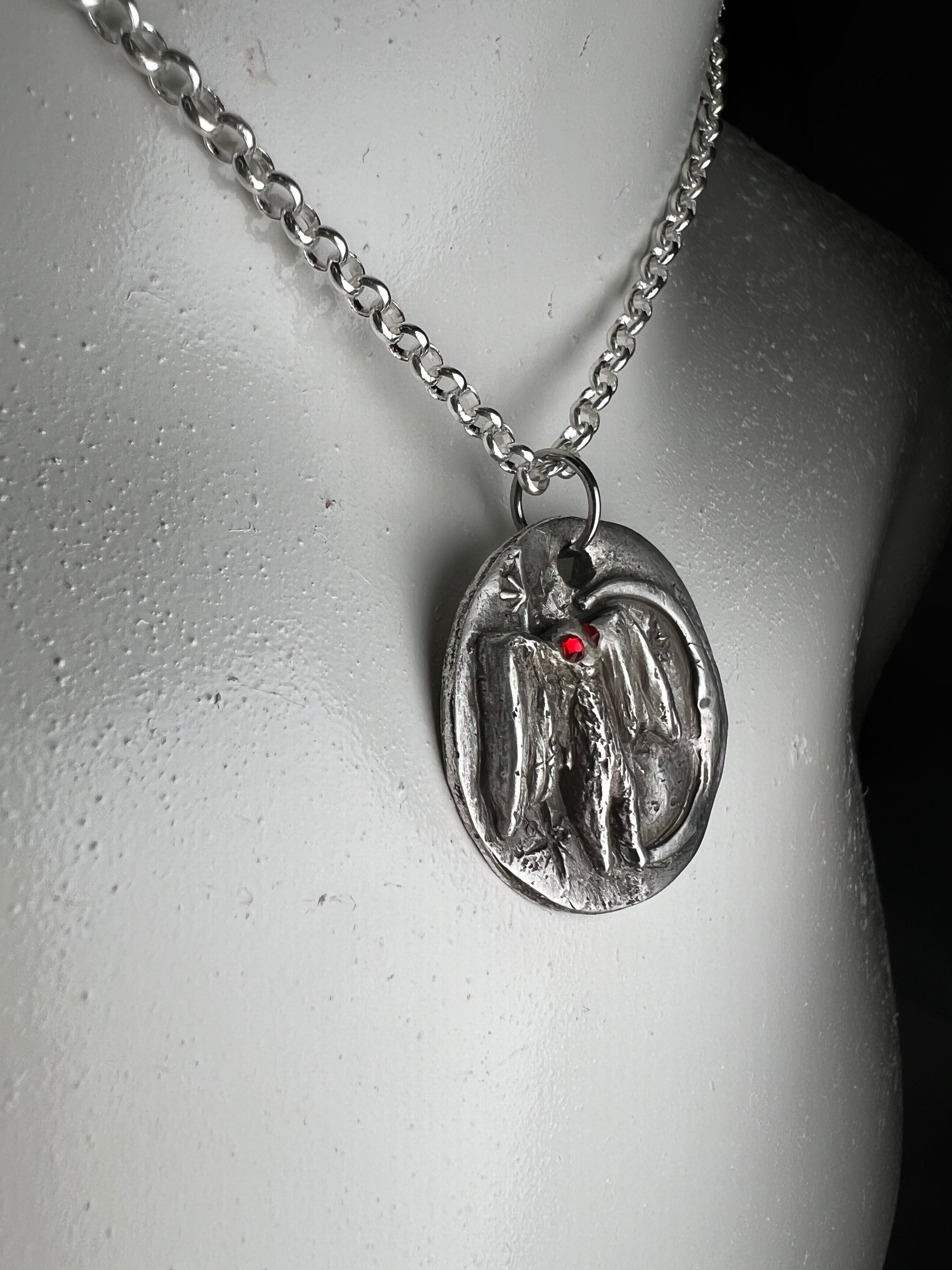 Hand Sculpted Fine Silver Mothman Pendant on Sterling Silver Necklace