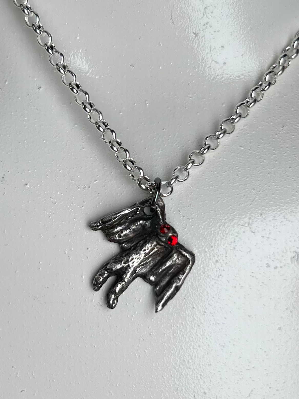 Hand Sculpted Fine Silver Mothman Pendant on Sterling Silver Necklace