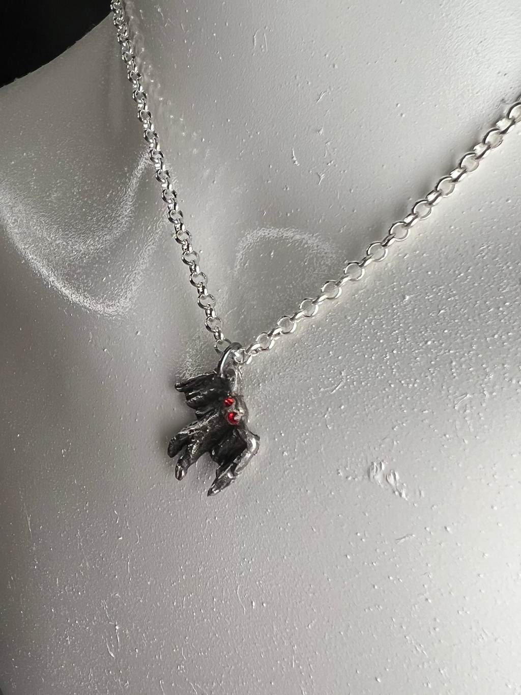 Hand Sculpted Fine Silver Mothman Pendant on Sterling Silver Necklace