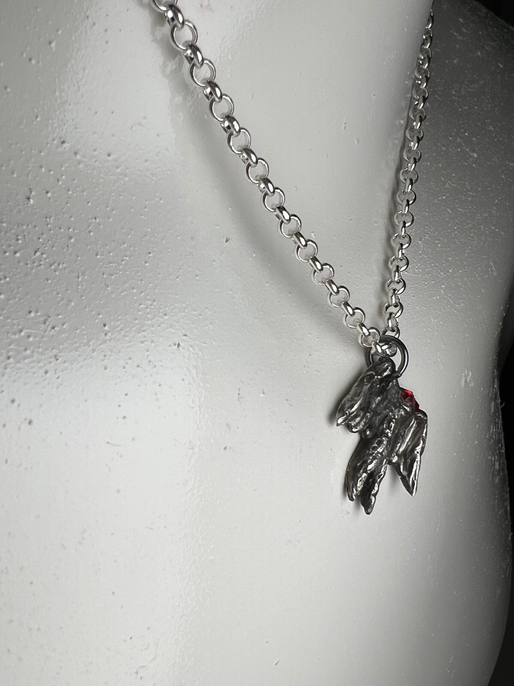Hand Sculpted Fine Silver Mothman Pendant on Sterling Silver Necklace