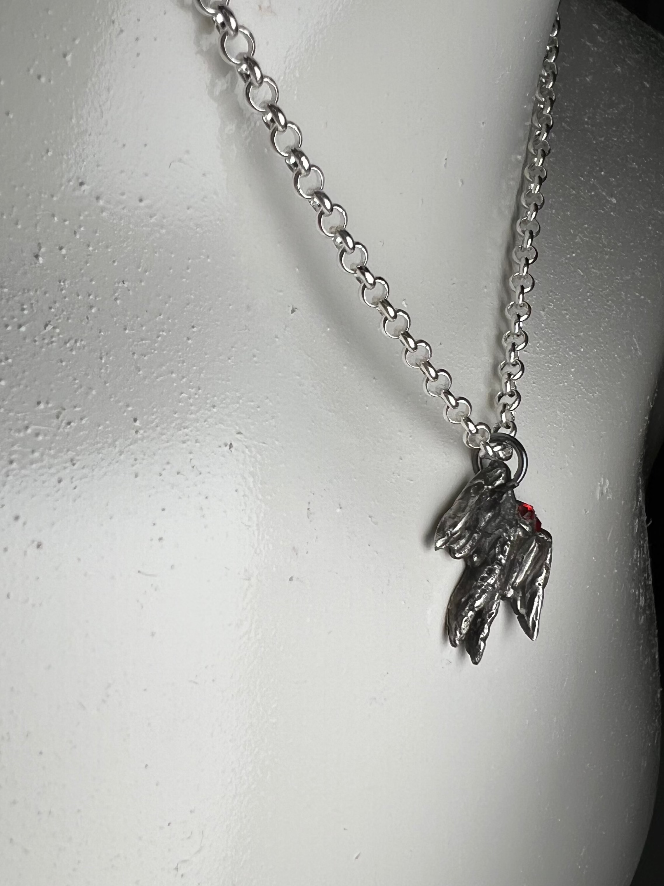 Hand Sculpted Fine Silver Mothman Pendant on Sterling Silver Necklace
