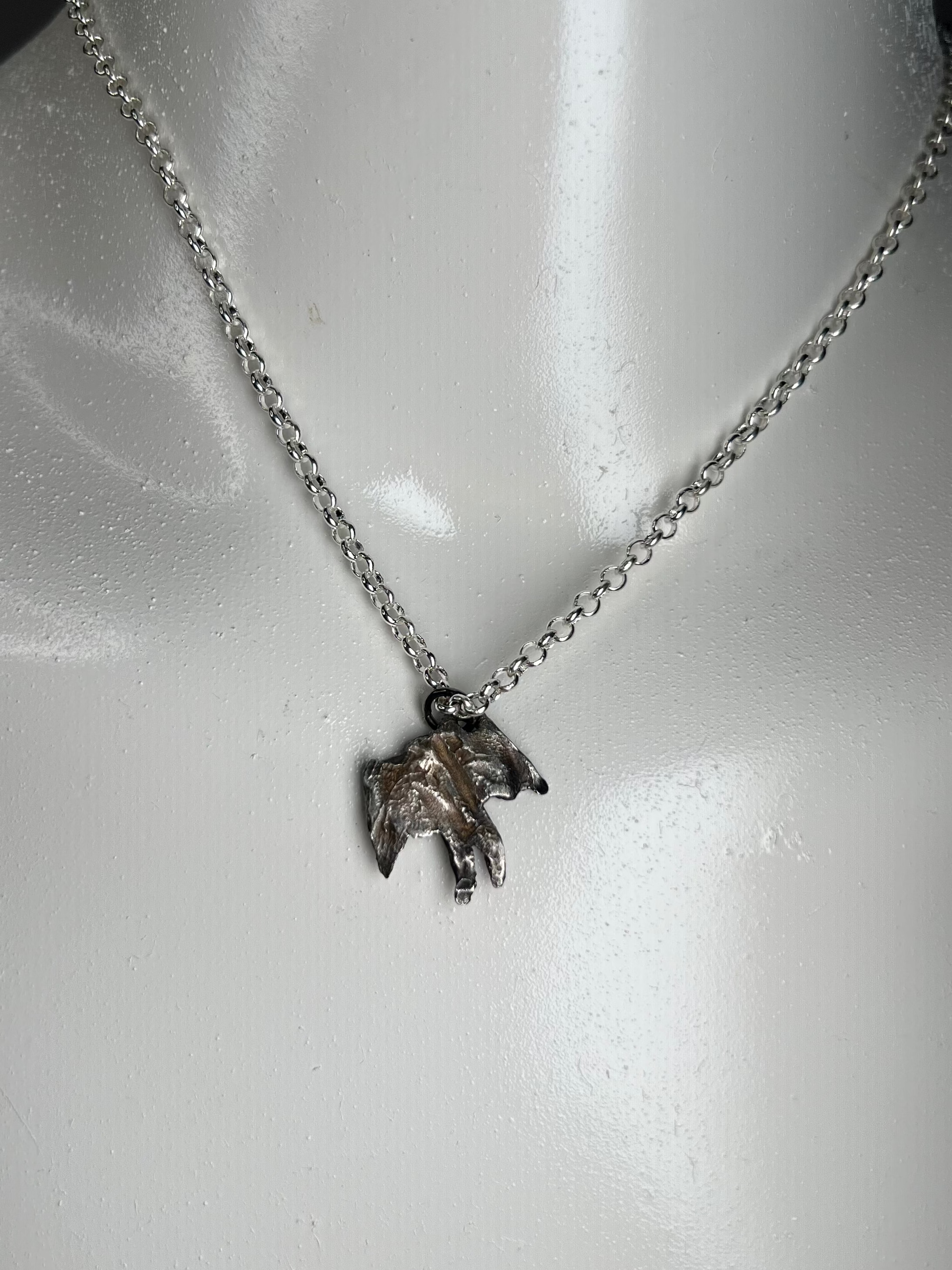 Hand Sculpted Fine Silver Mothman Pendant on Sterling Silver Necklace