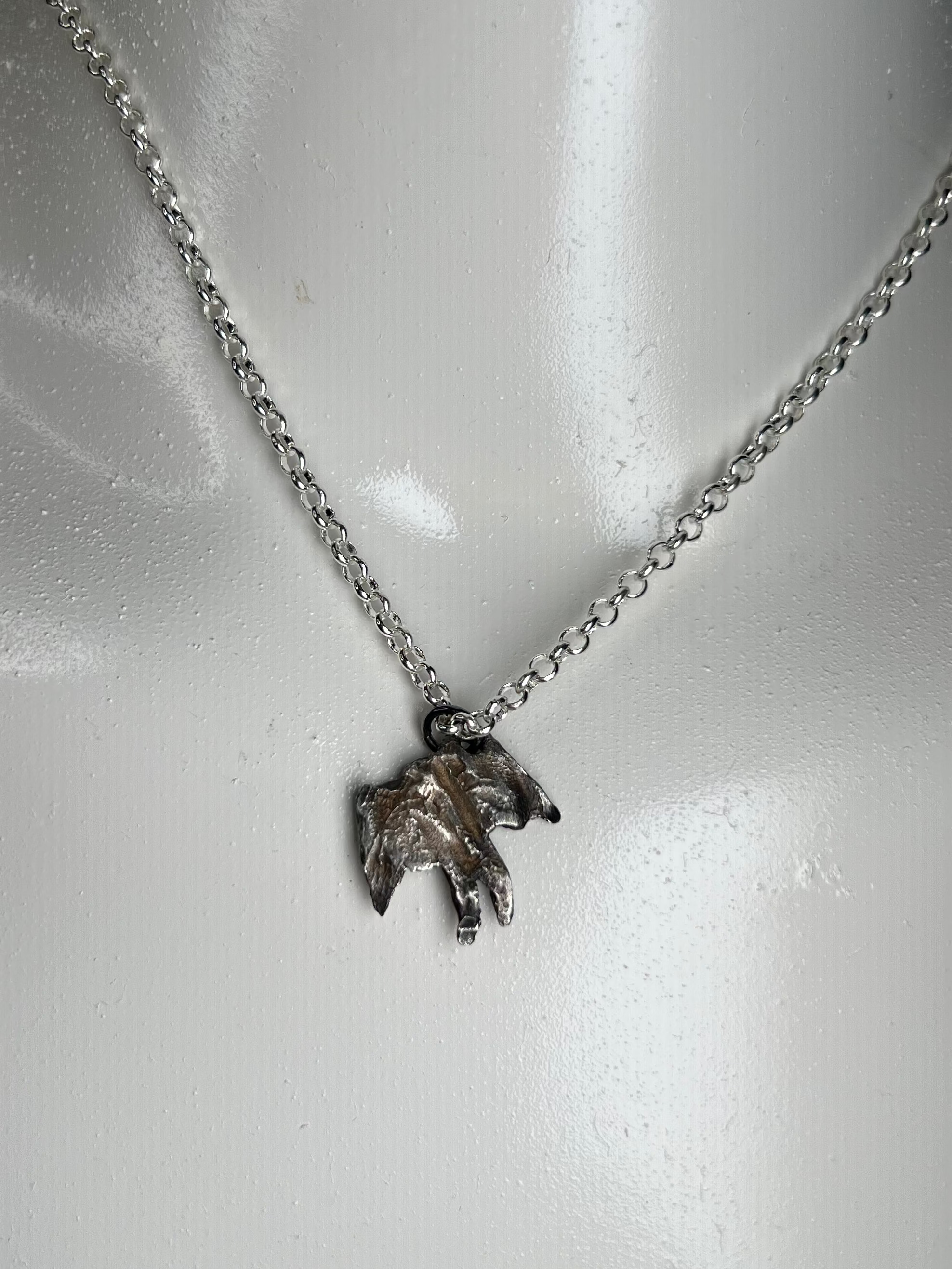 Hand Sculpted Fine Silver Mothman Pendant on Sterling Silver Necklace