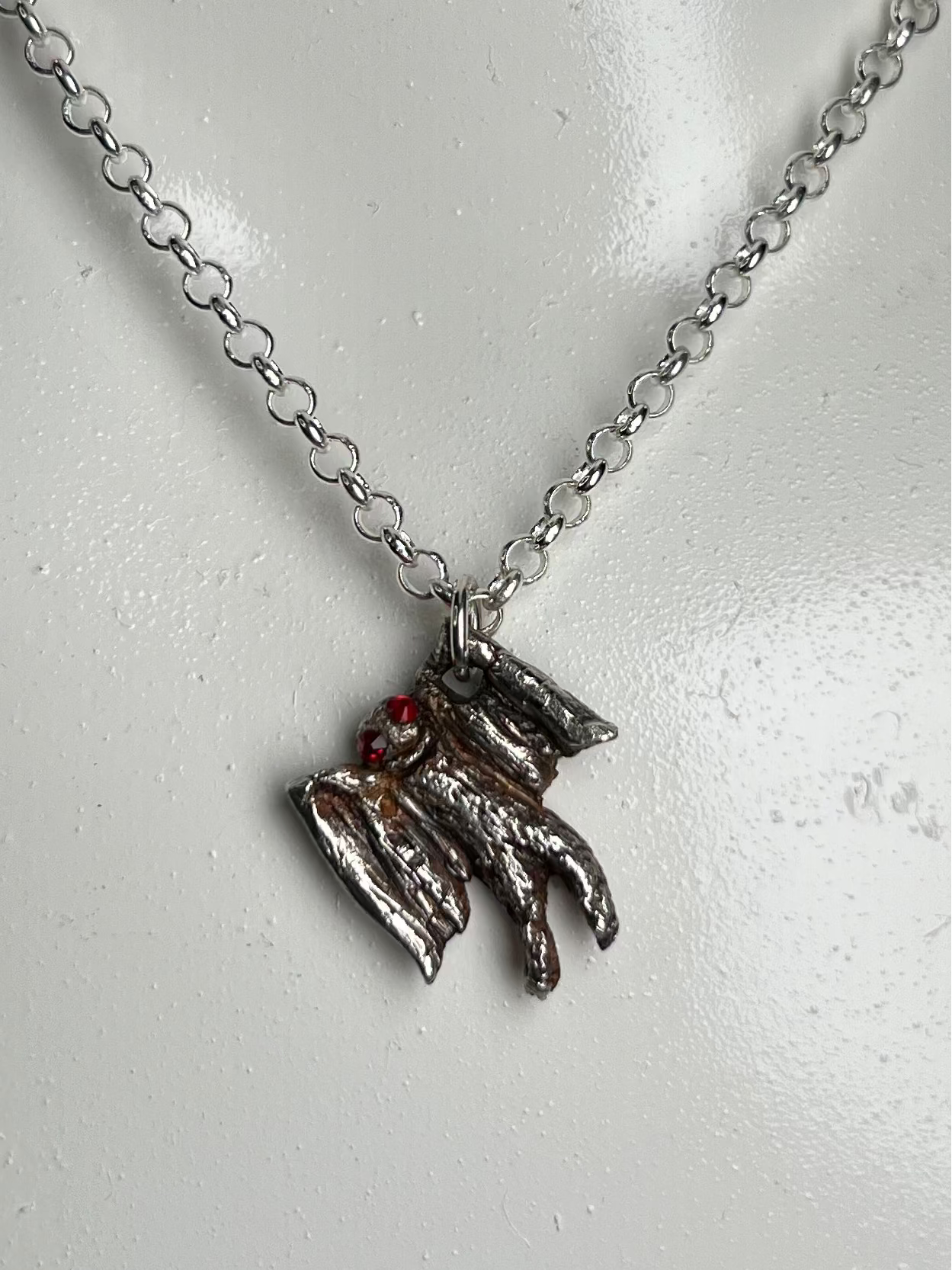Hand Sculpted Fine Silver Mothman Pendant on Sterling Silver Necklace
