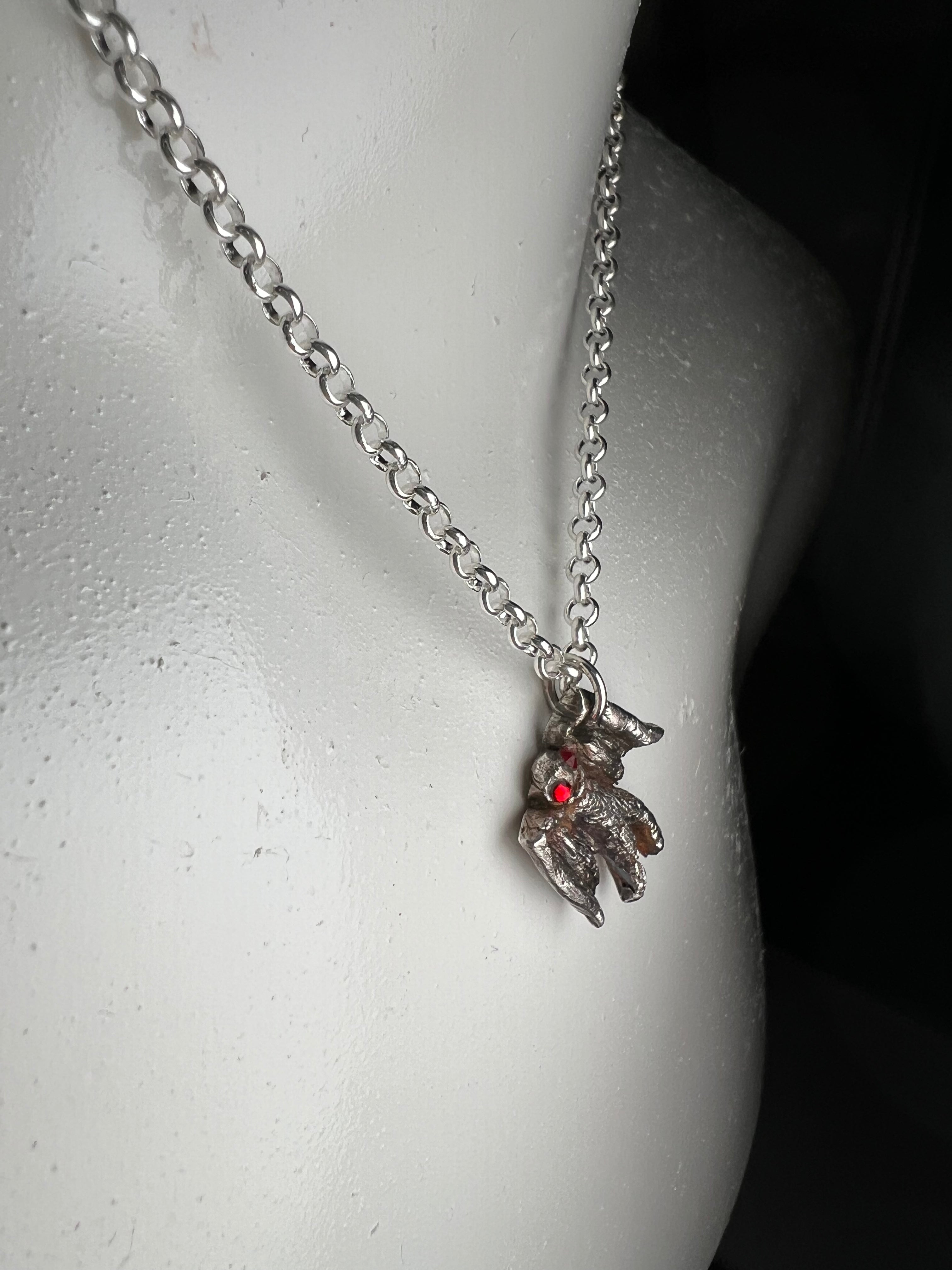 Hand Sculpted Fine Silver Mothman Pendant on Sterling Silver Necklace