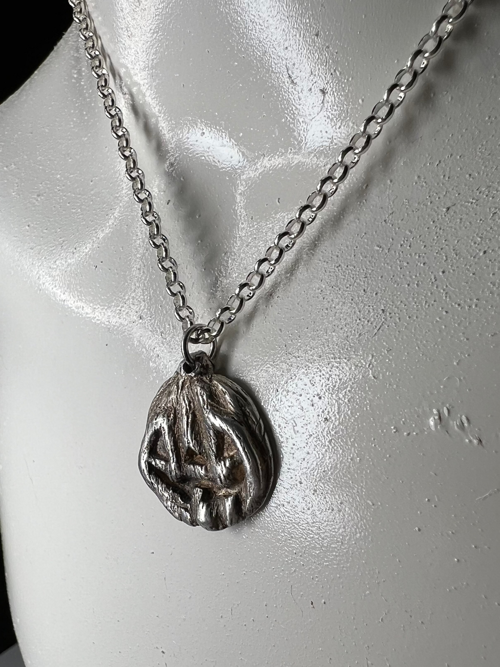 Hand Sculpted Fine Silver "One of Us" Jackolantern Pendant on Sterling Silver Necklace