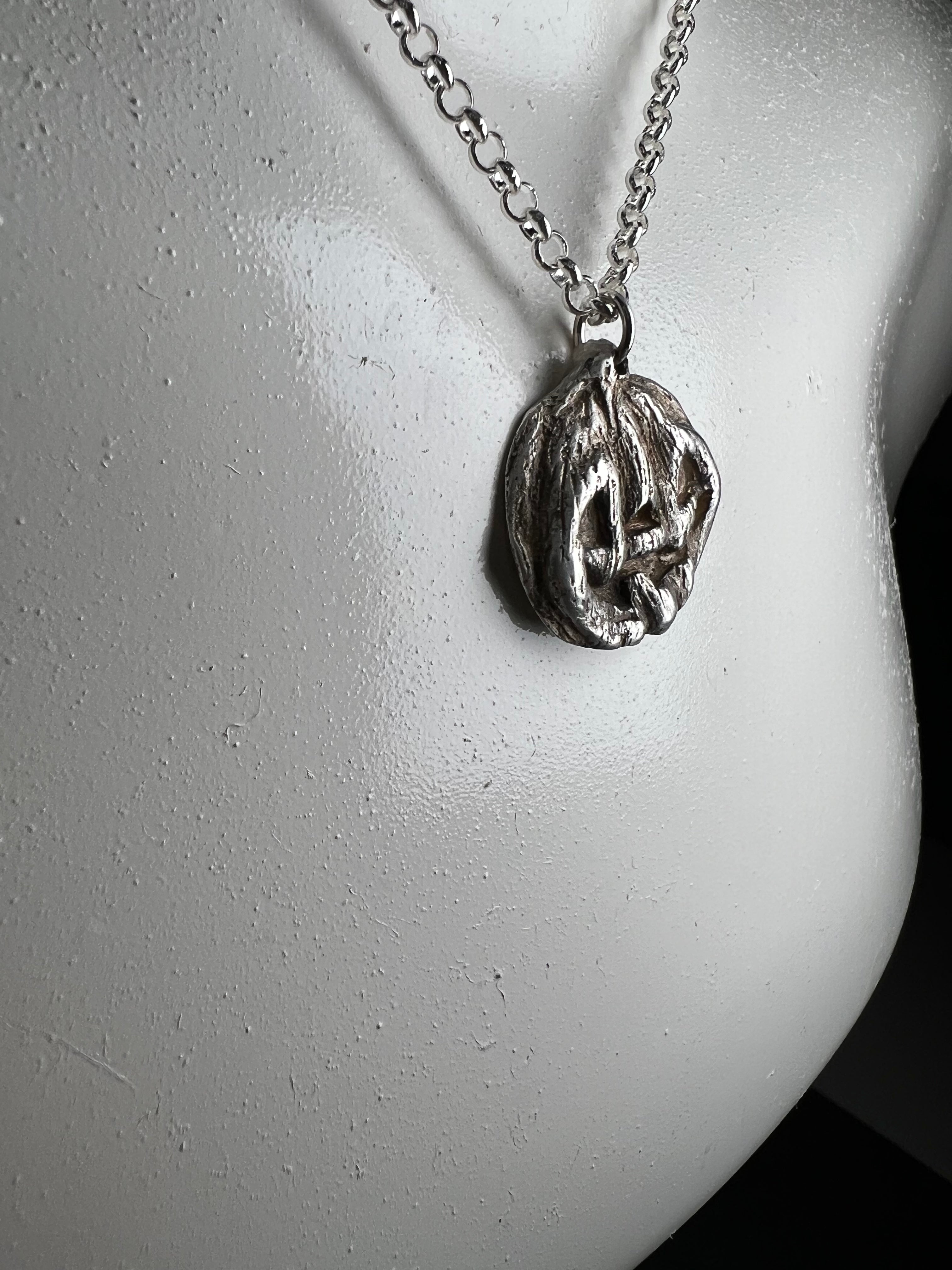 Hand Sculpted Fine Silver "One of Us" Jackolantern Pendant on Sterling Silver Necklace