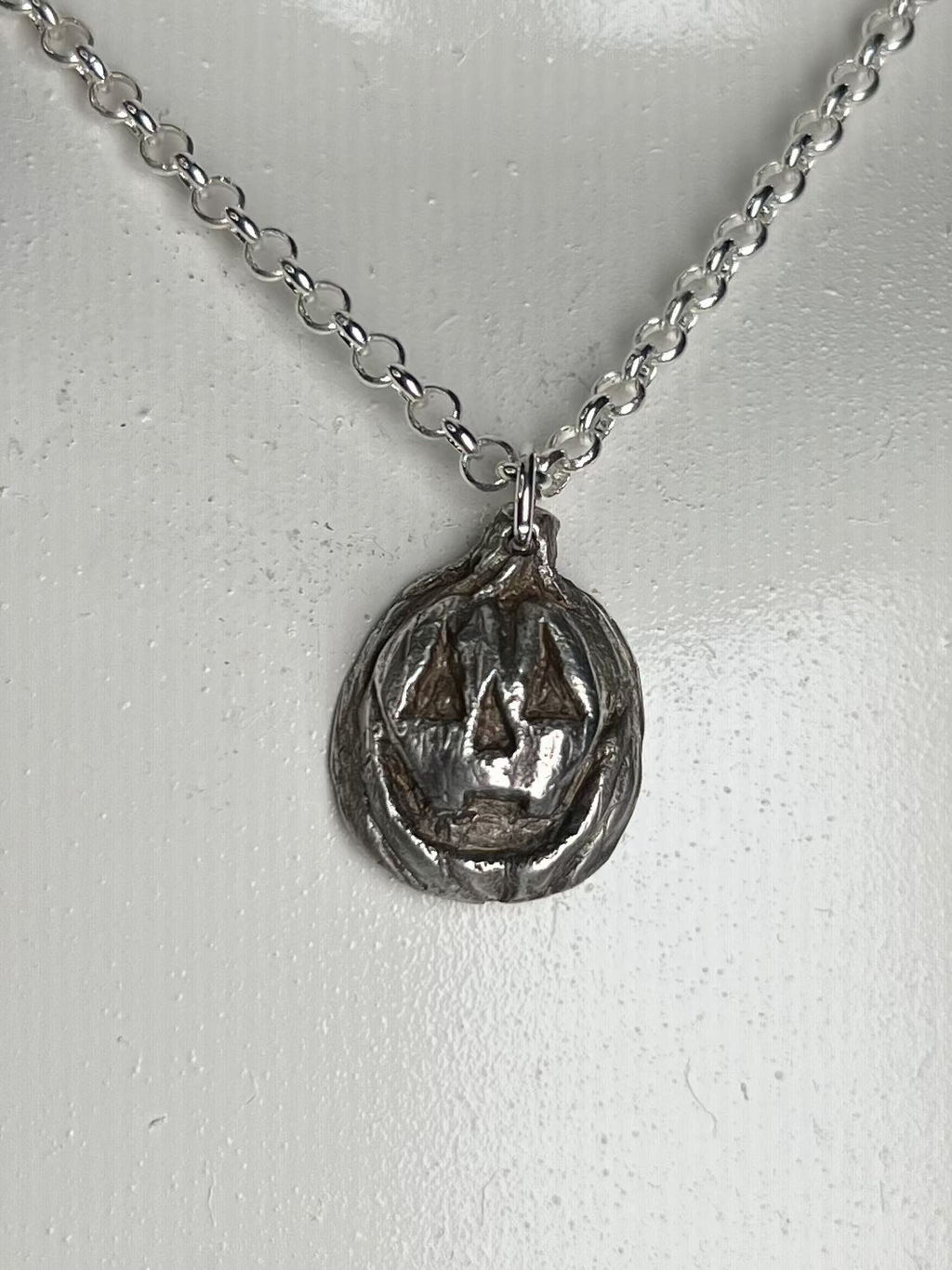 Hand Sculpted Fine Silver Jackolantern Pendant on Sterling Silver Necklace