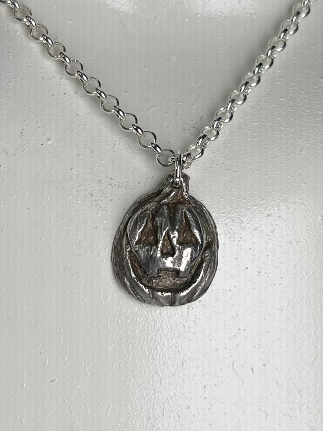 Hand Sculpted Fine Silver Jackolantern Pendant on Sterling Silver Necklace