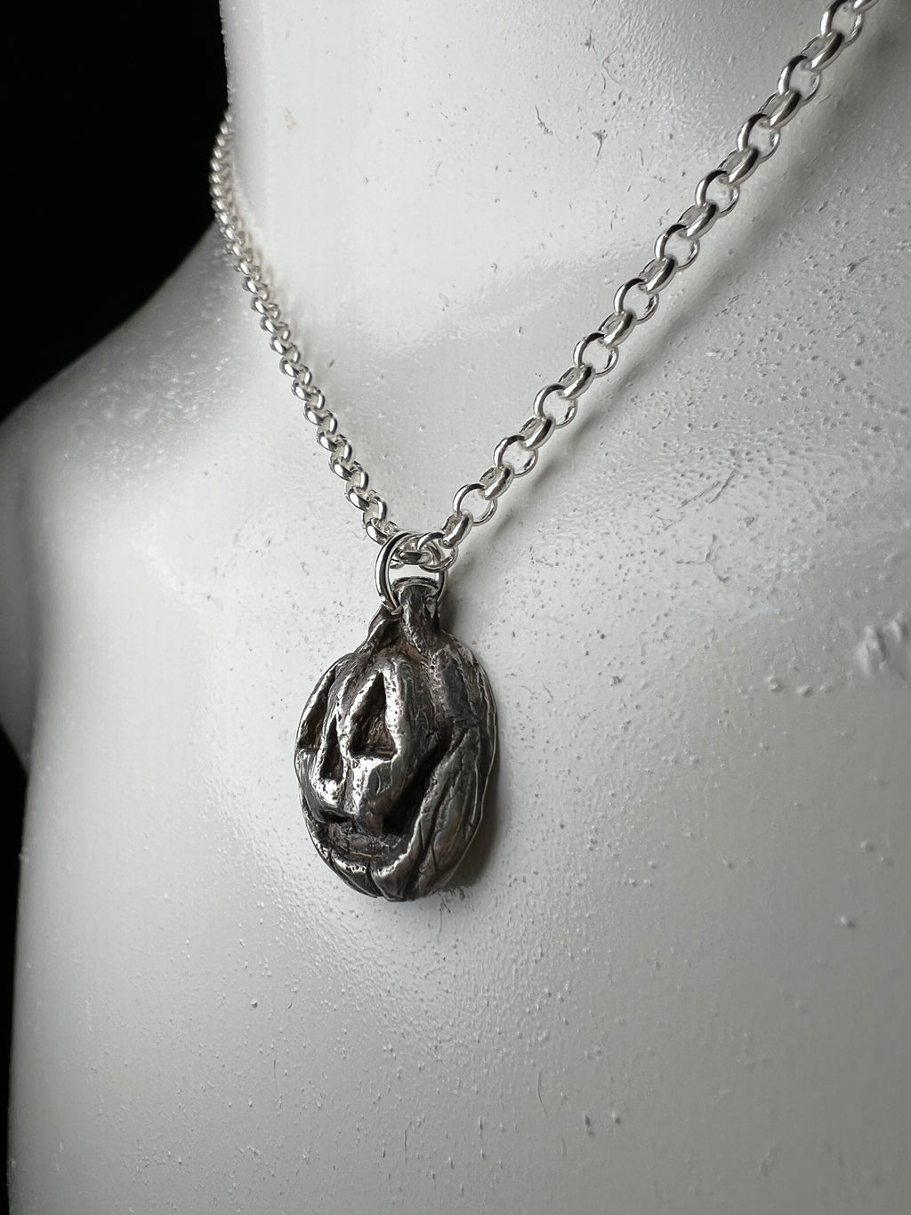 Hand Sculpted Fine Silver Jackolantern Pendant on Sterling Silver Necklace