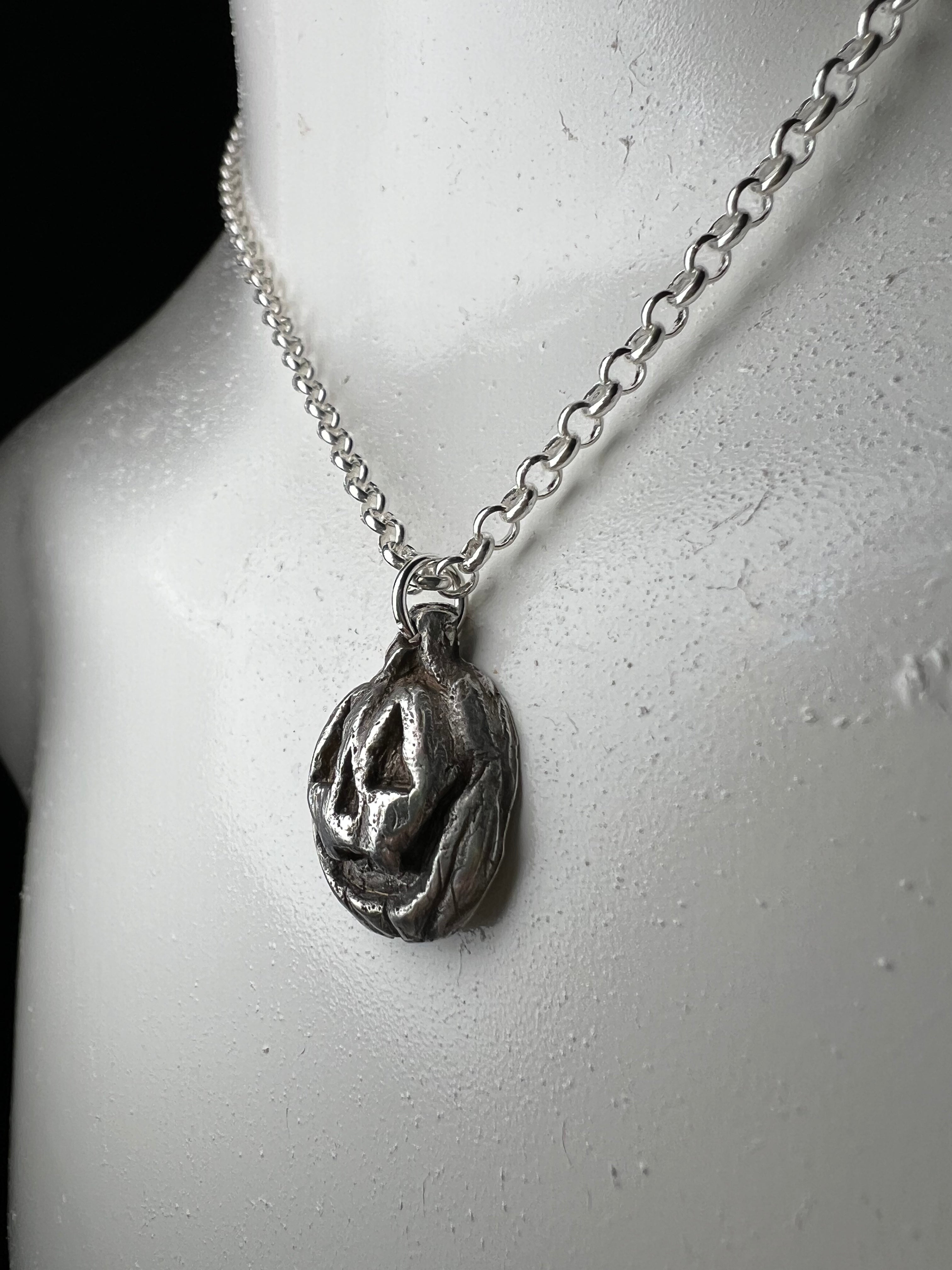 Hand Sculpted Fine Silver Jackolantern Pendant on Sterling Silver Necklace