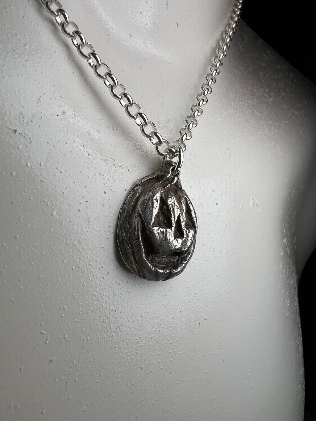 Hand Sculpted Fine Silver Jackolantern Pendant on Sterling Silver Necklace