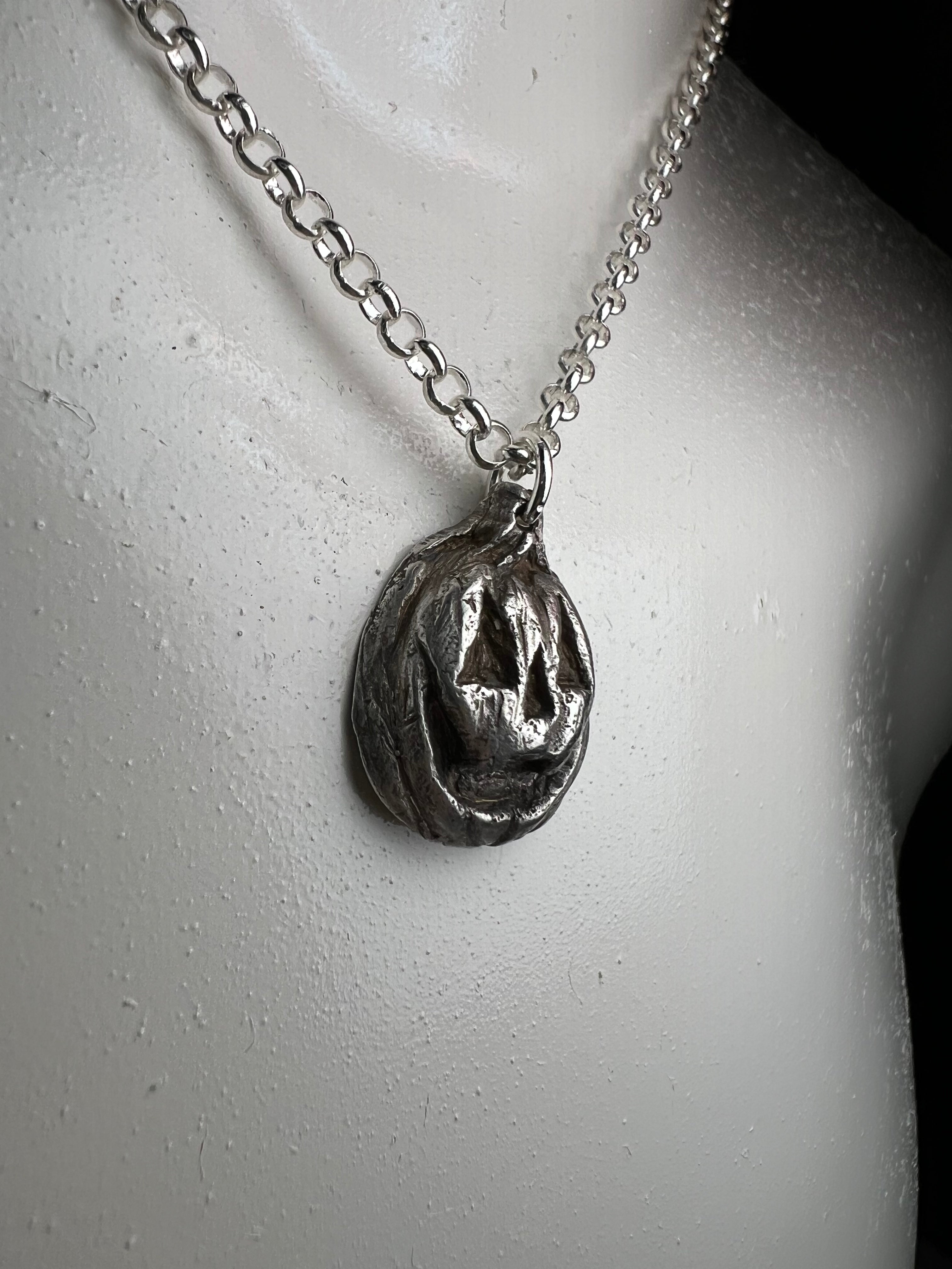 Hand Sculpted Fine Silver Jackolantern Pendant on Sterling Silver Necklace