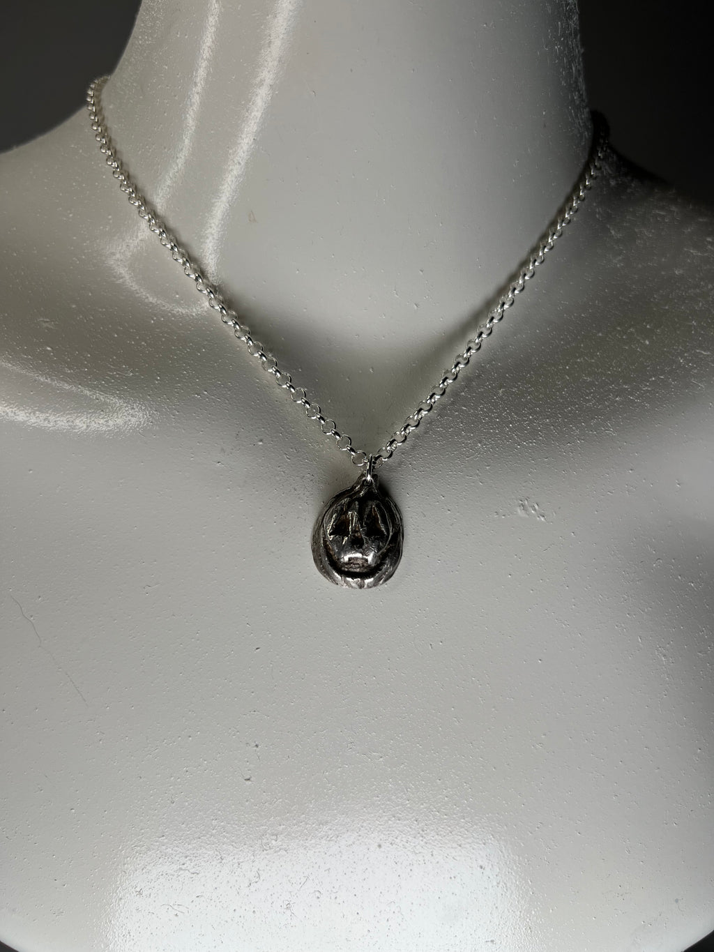 Hand Sculpted Fine Silver Jackolantern Pendant on Sterling Silver Necklace