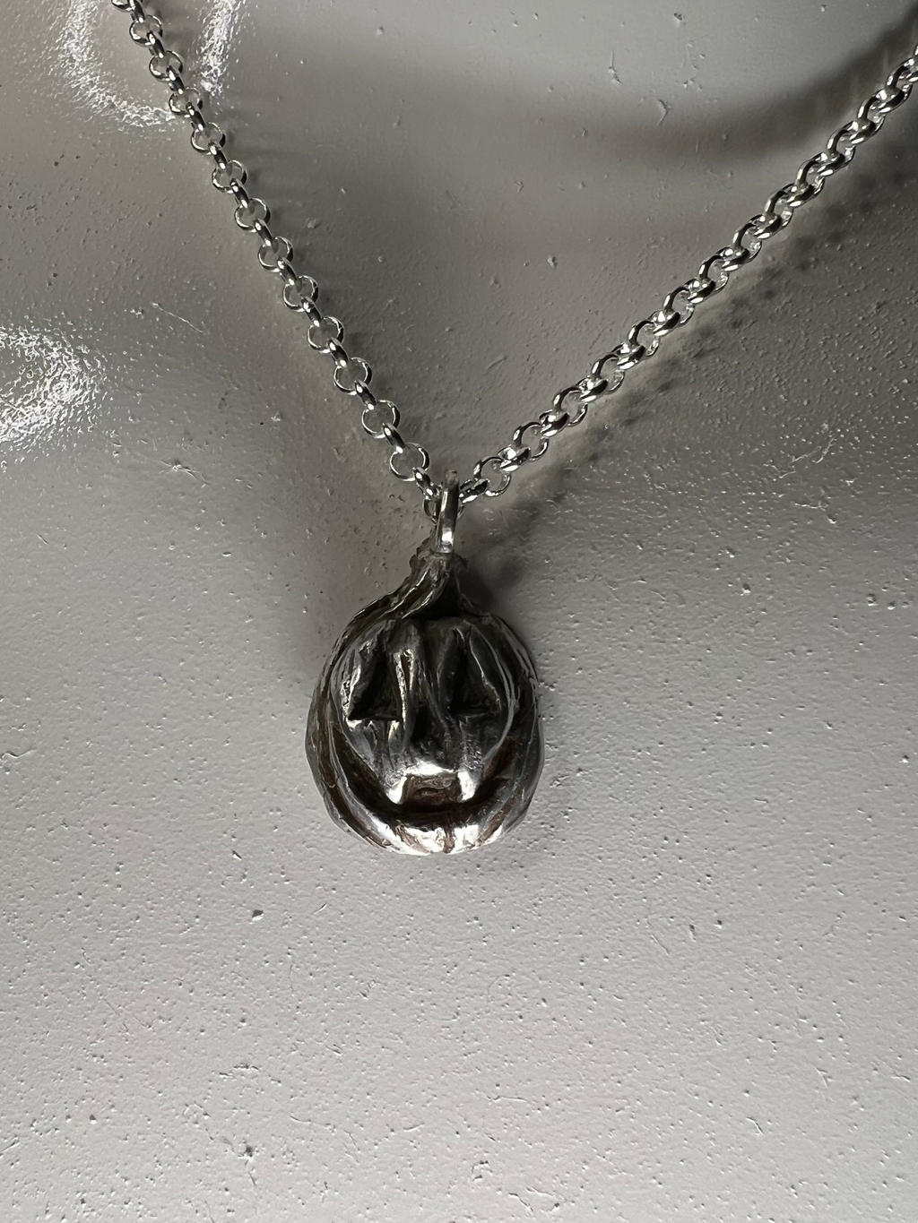Hand Sculpted Fine Silver Vampire Jackolantern Pendant on Sterling Silver Necklace