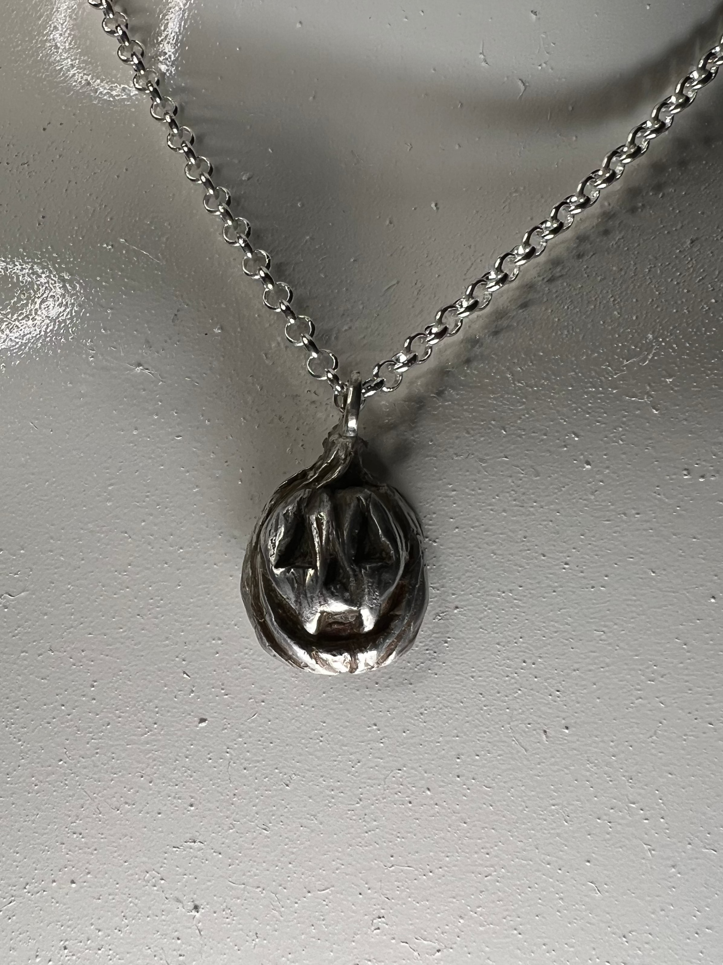 Hand Sculpted Fine Silver Vampire Jackolantern Pendant on Sterling Silver Necklace