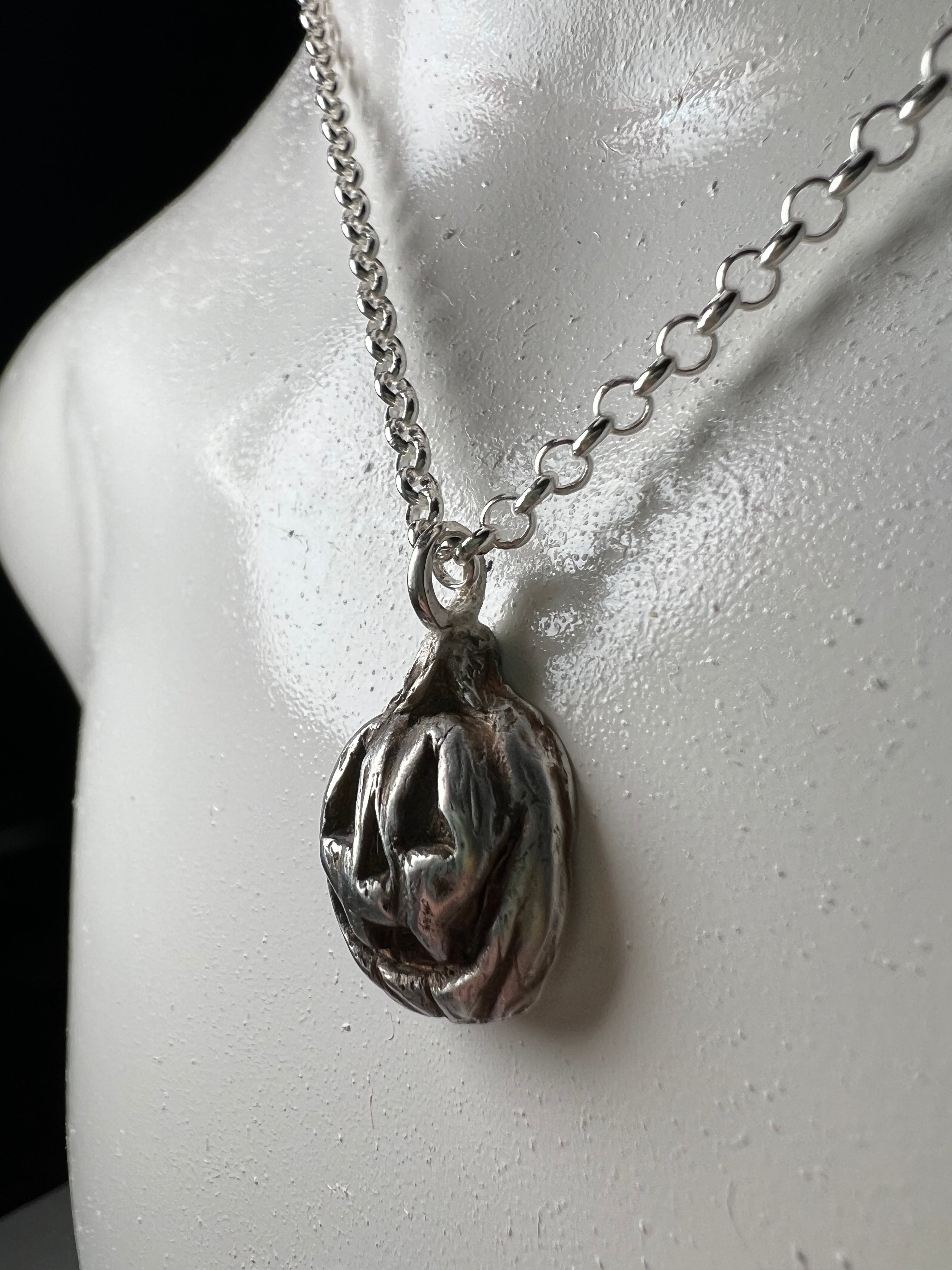 Hand Sculpted Fine Silver Vampire Jackolantern Pendant on Sterling Silver Necklace