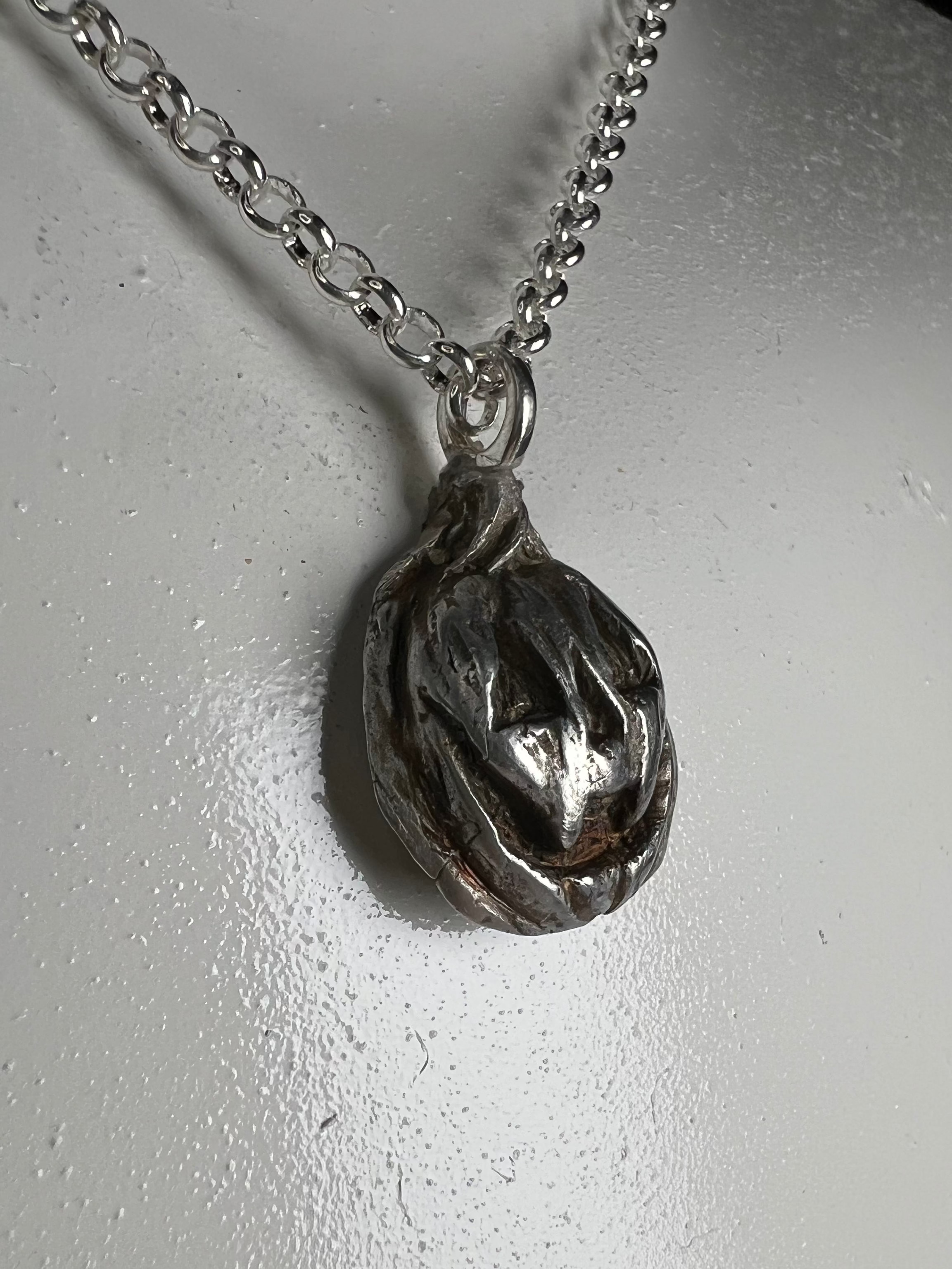 Hand Sculpted Fine Silver Vampire Jackolantern Pendant on Sterling Silver Necklace