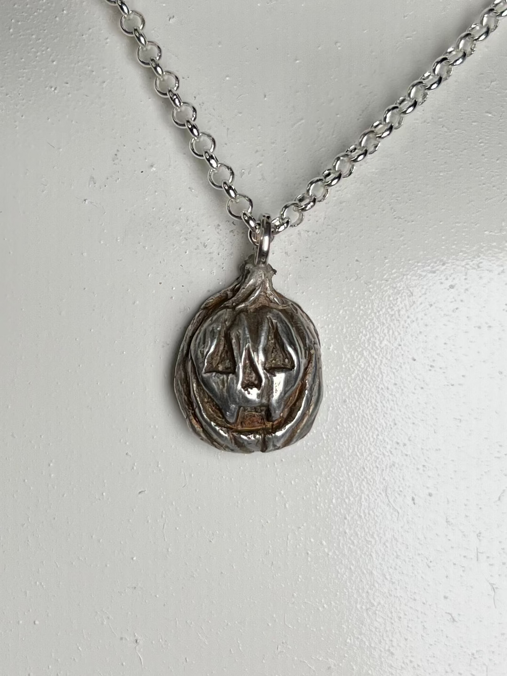Hand Sculpted Fine Silver Vampire Jackolantern Pendant on Sterling Silver Necklace