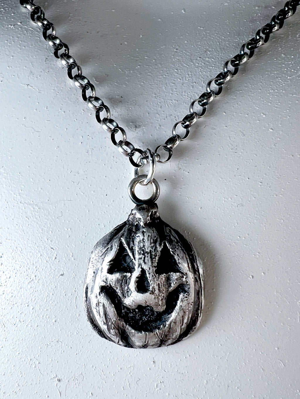 Trick or Treat Jackolantern Necklace - Hand Sculpted Fine Silver Pendant on Sterling Silver Chain
