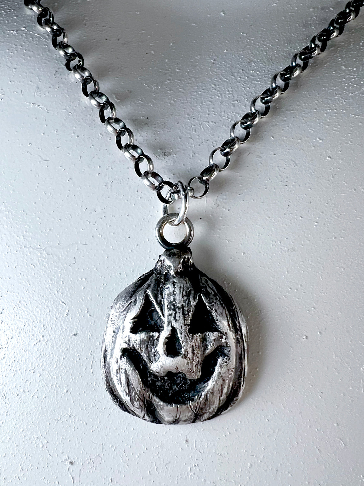 Trick or Treat Jackolantern Necklace - Hand Sculpted Fine Silver Pendant on Sterling Silver Chain