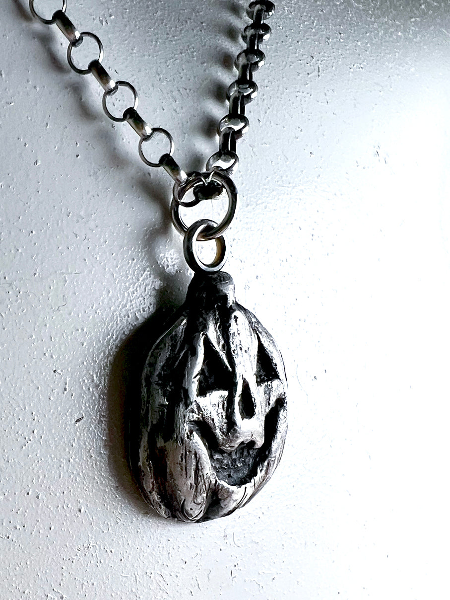 Trick or Treat Jackolantern Necklace - Hand Sculpted Fine Silver Pendant on Sterling Silver Chain