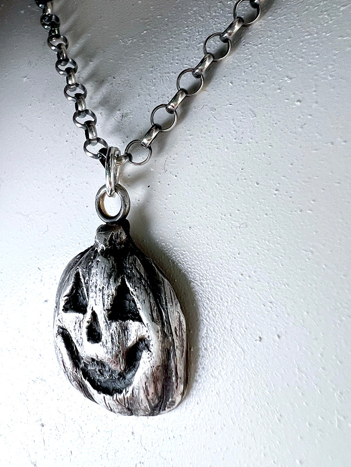 Trick or Treat Jackolantern Necklace - Hand Sculpted Fine Silver Pendant on Sterling Silver Chain