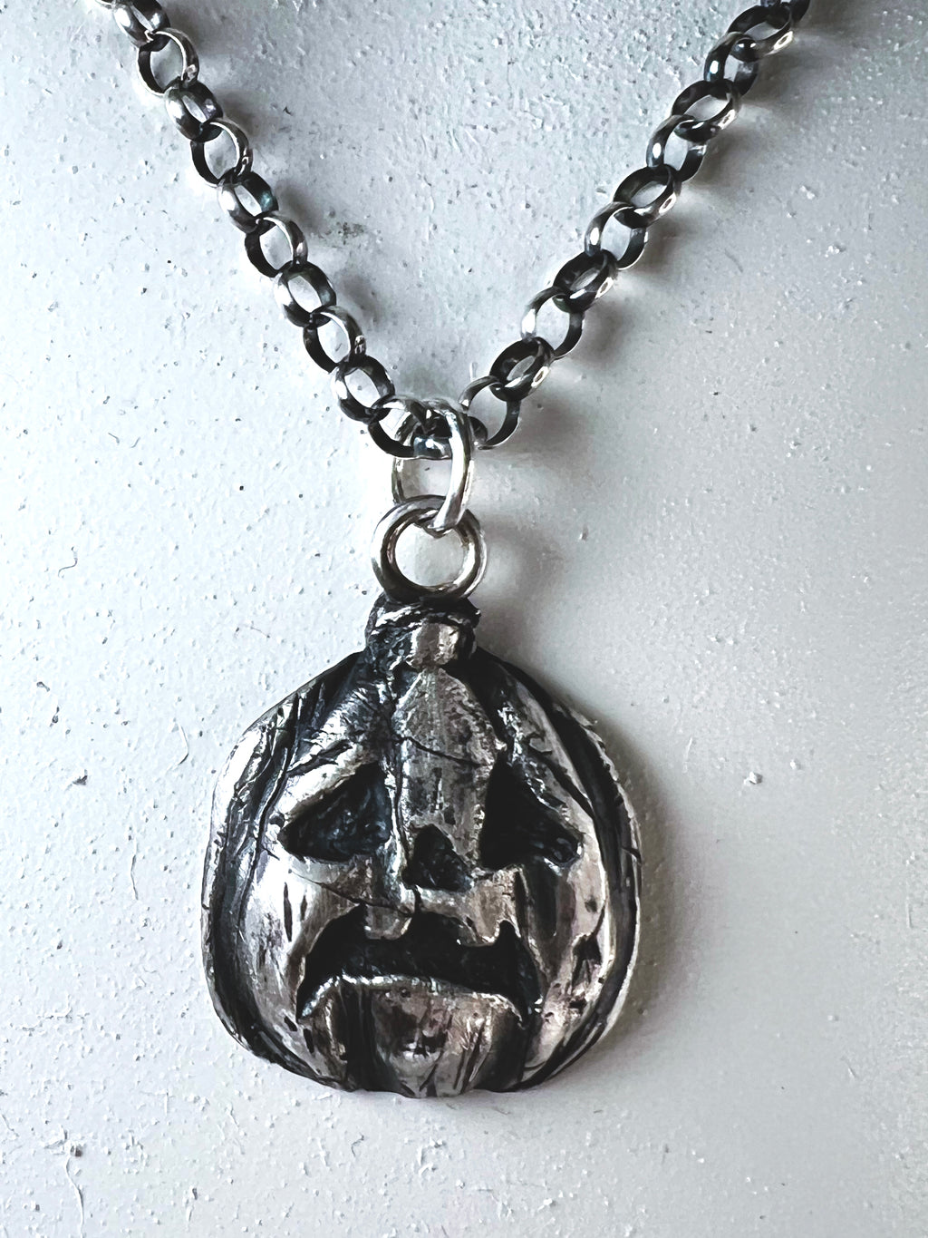 Trick or Treat Jackolantern Necklace - Hand Sculpted Fine Silver Pendant on Sterling Silver Chain