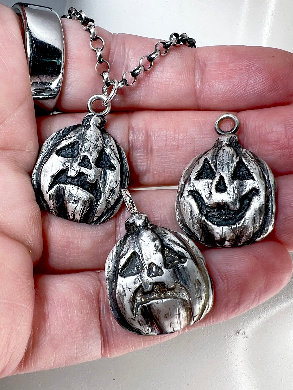 Trick or Treat Jackolantern Necklace - Hand Sculpted Fine Silver Pendant on Sterling Silver Chain